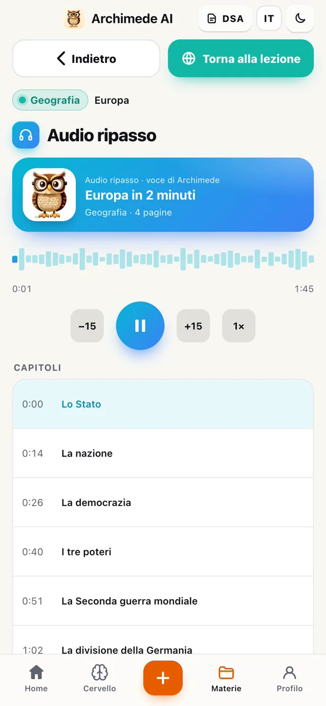 Lettore Audio ripasso con onda sonora e capitoli