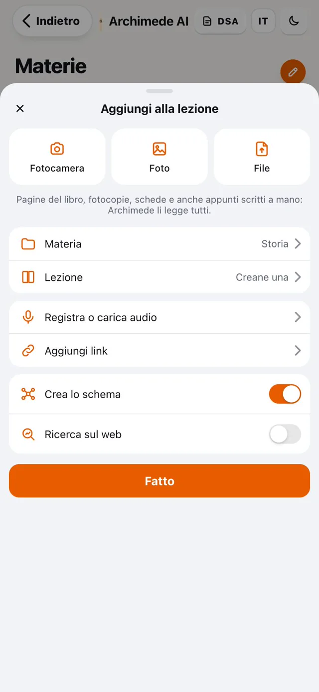 Foglio Aggiungi alla lezione con Fotocamera, Foto e File