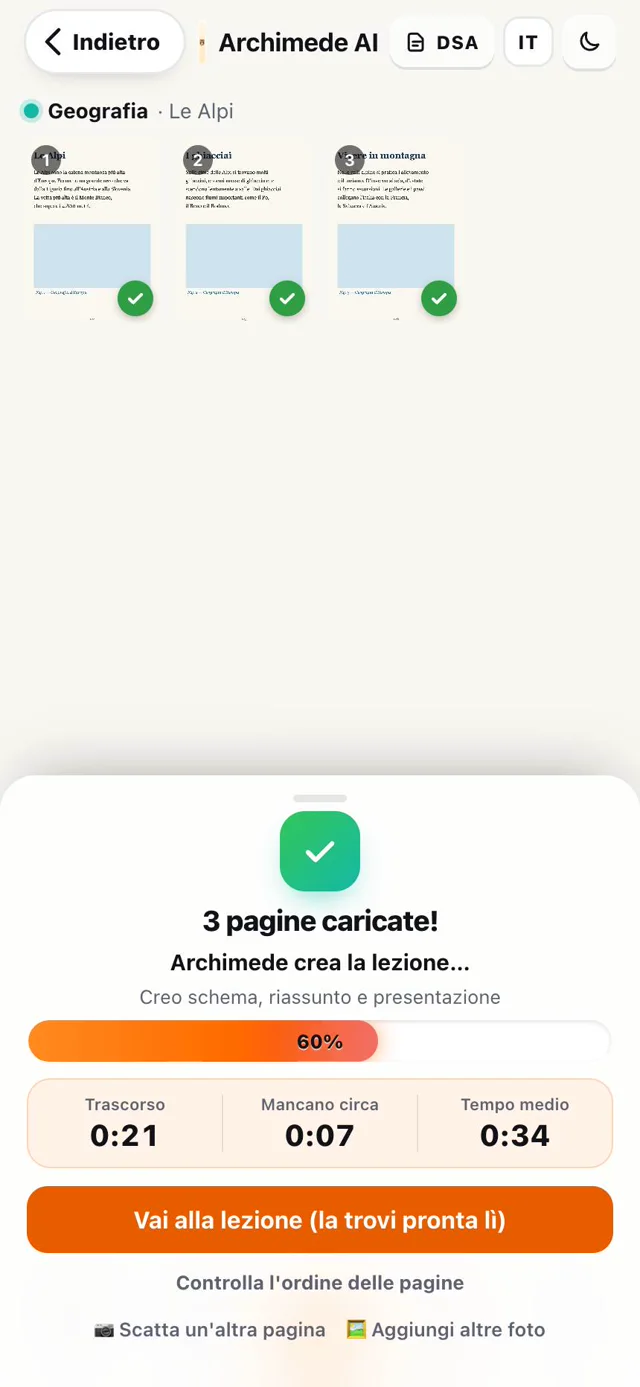 Tre pagine caricate e Archimede che crea la lezione con il cronometro