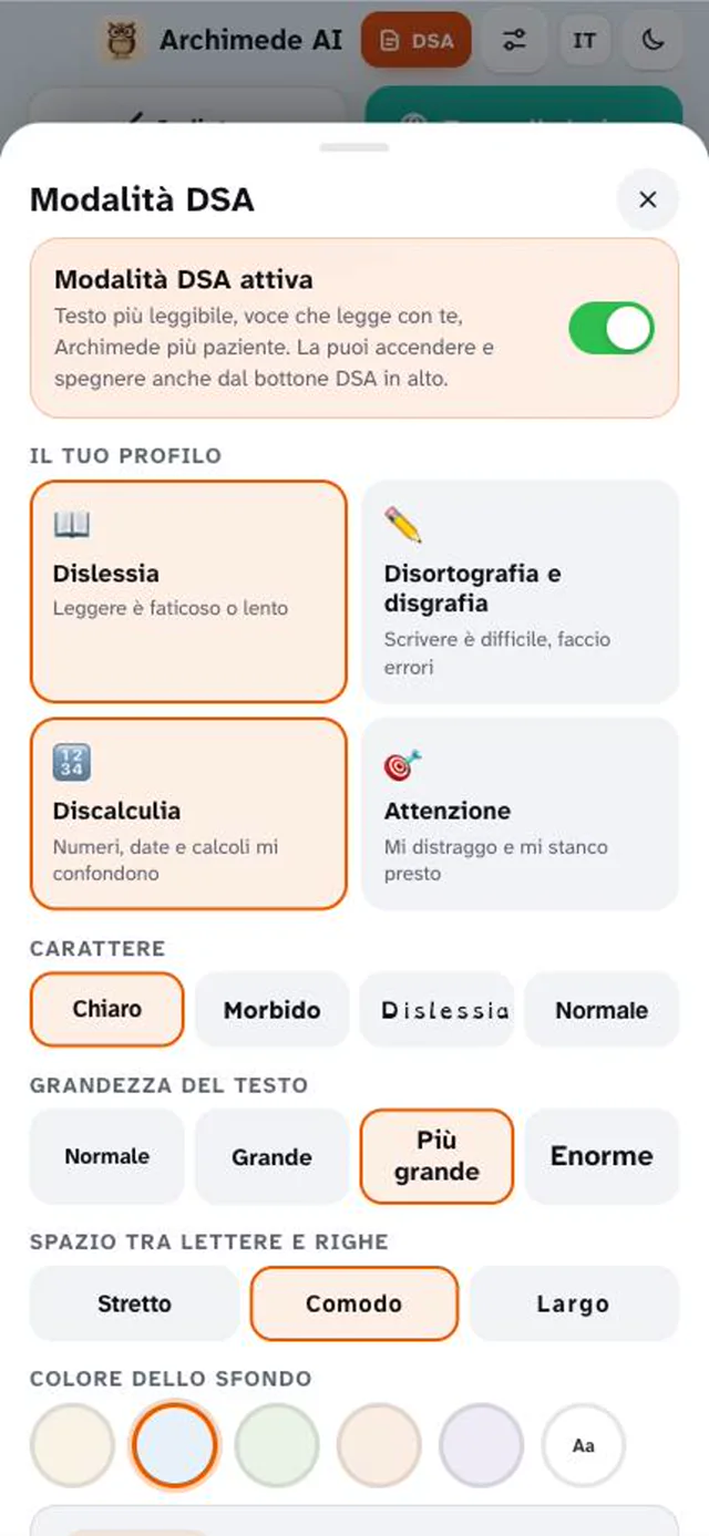 Impostazioni della modalità DSA con profilo e carattere