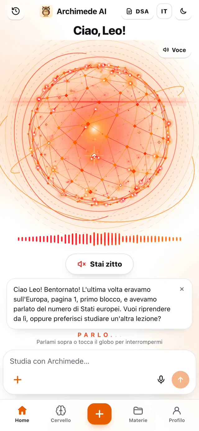 Home di Archimede con il globo che parla e il messaggio di benvenuto