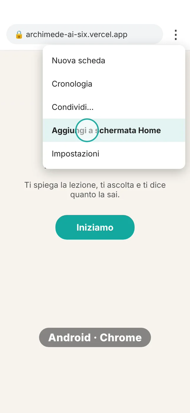 Chrome su Android: menu con Aggiungi a schermata Home