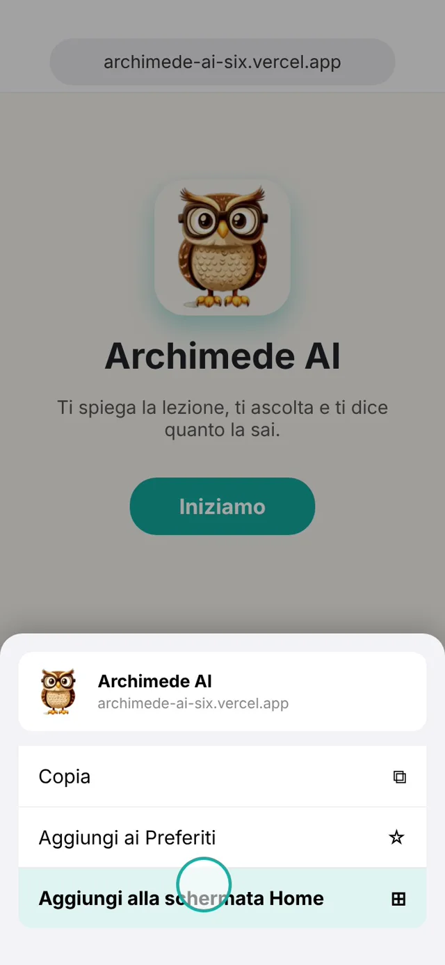 Safari su iPhone: foglio Condividi con Aggiungi alla schermata Home