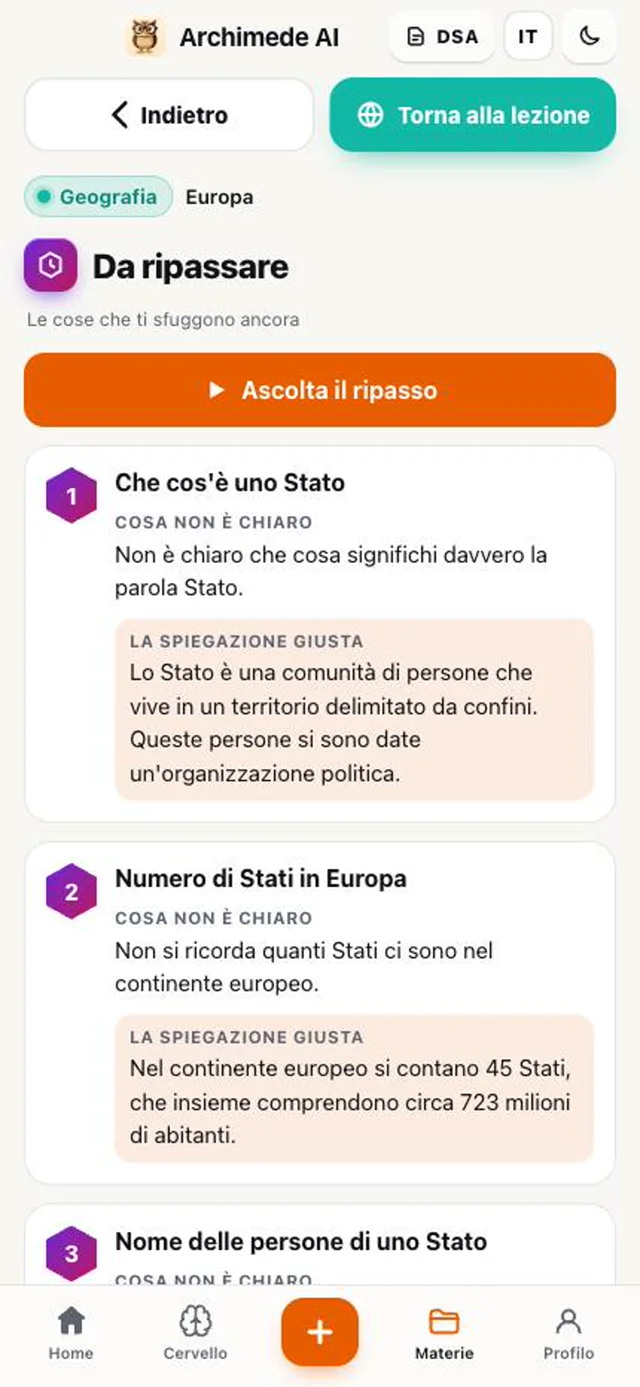 Elenco Da ripassare con cosa non è chiaro e la spiegazione giusta
