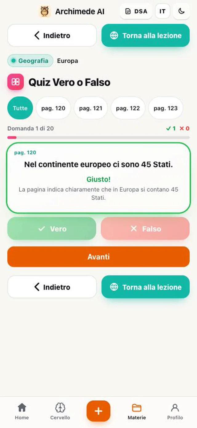 Quiz vero o falso con risposta giusta e spiegazione